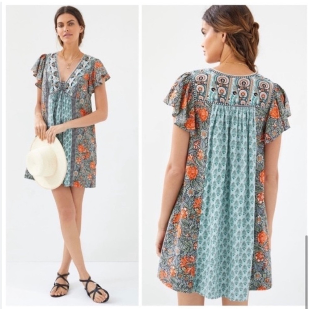 ANTHROPOLOGIE ASTRID BOTANICAL PRINT TUNIC MINI DRESS GREEN FLORAL Size XS